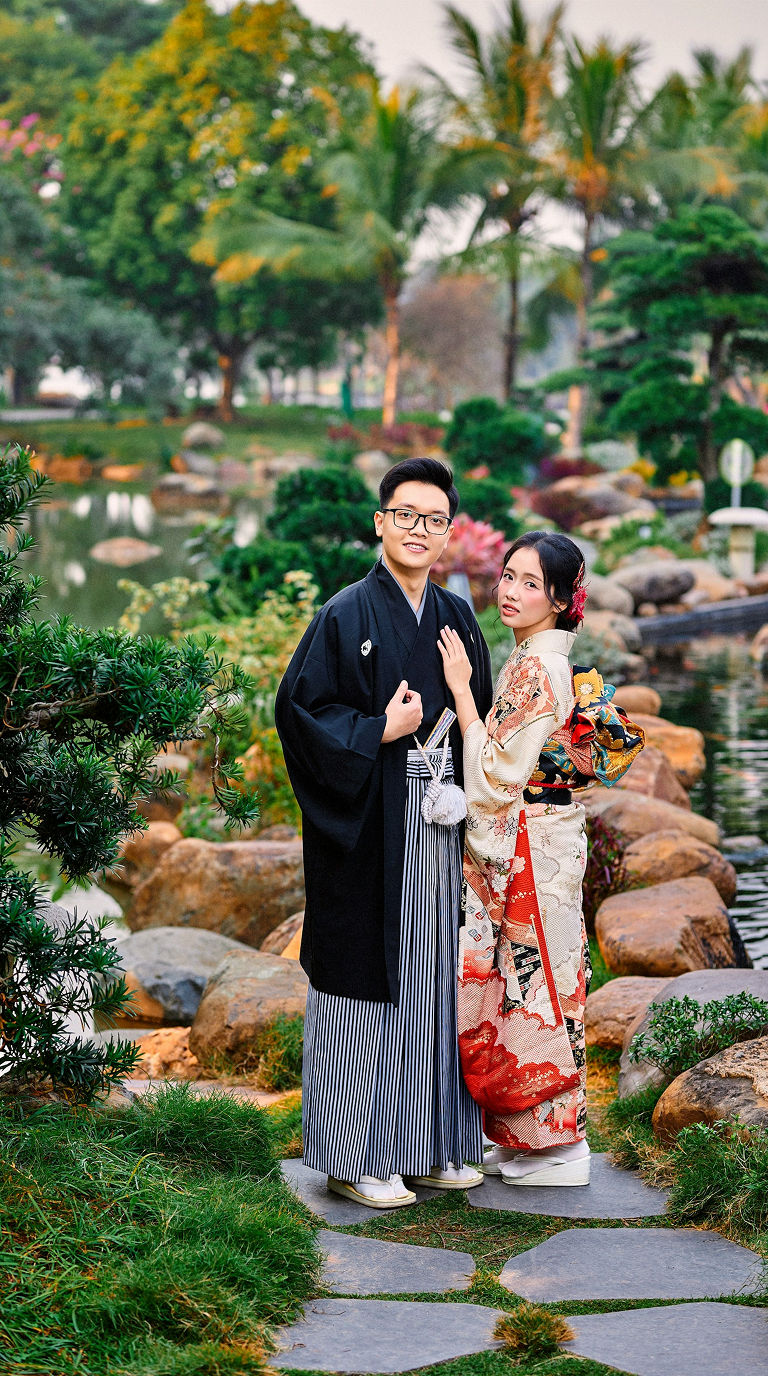Couple celebrating in a traditional Japanese garden