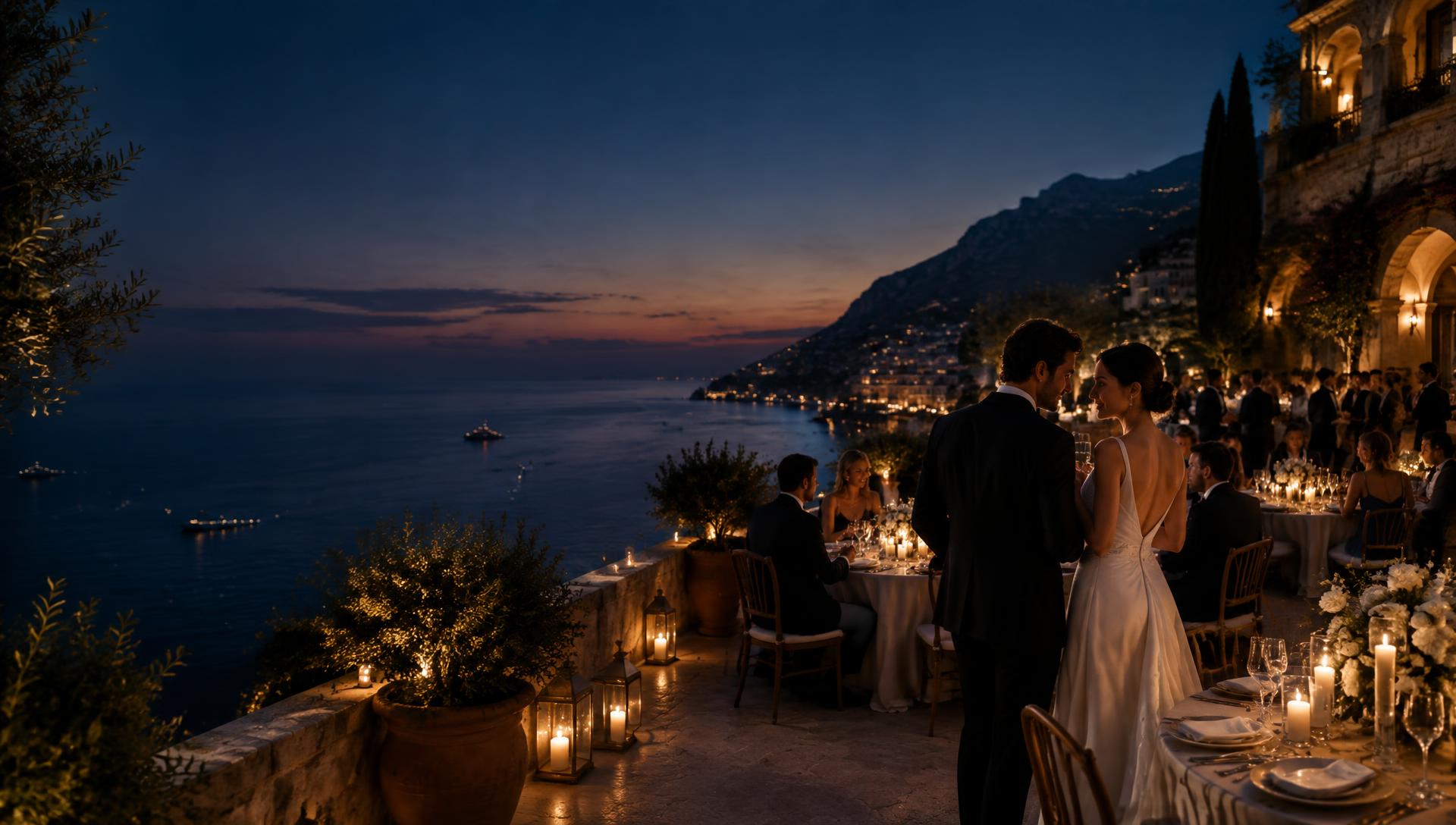 Candlelit destination wedding celebration on a Mediterranean terrace