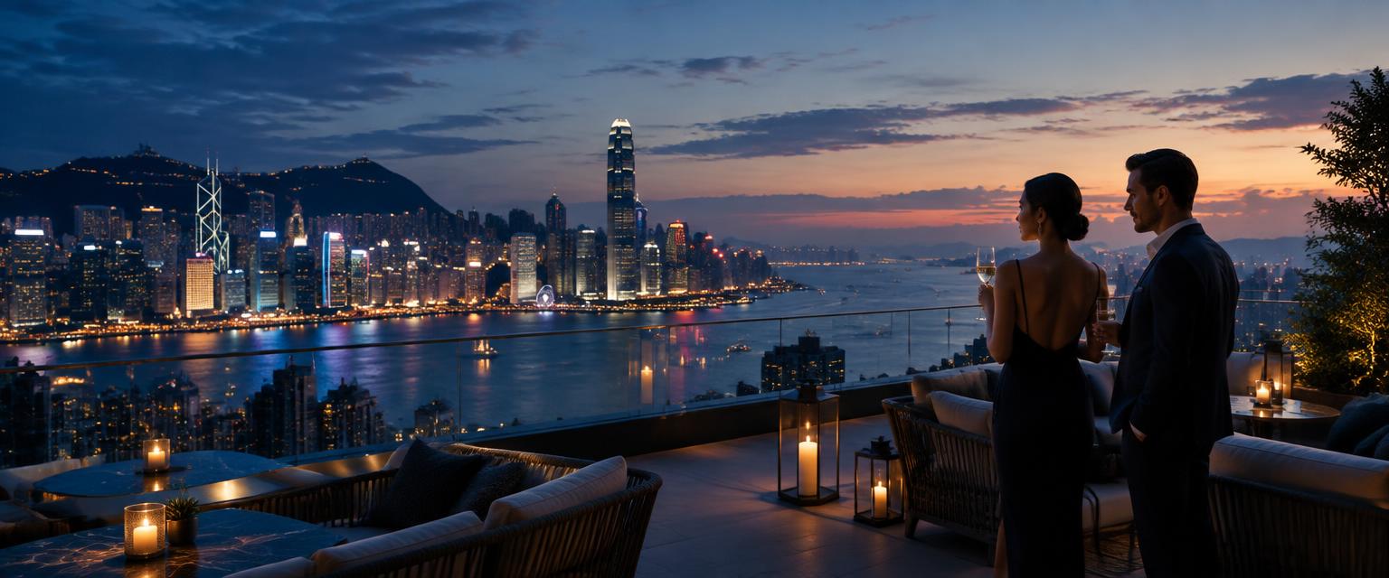 International city skyline viewed from a premium terrace