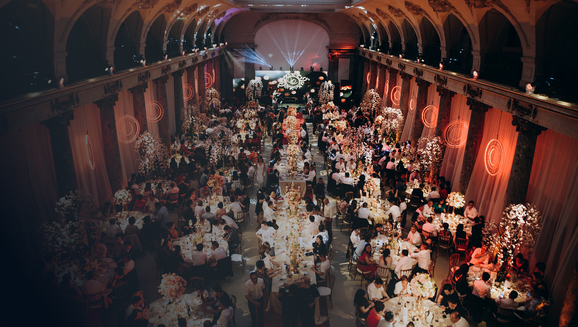 Banquet hall decorated for a formal event