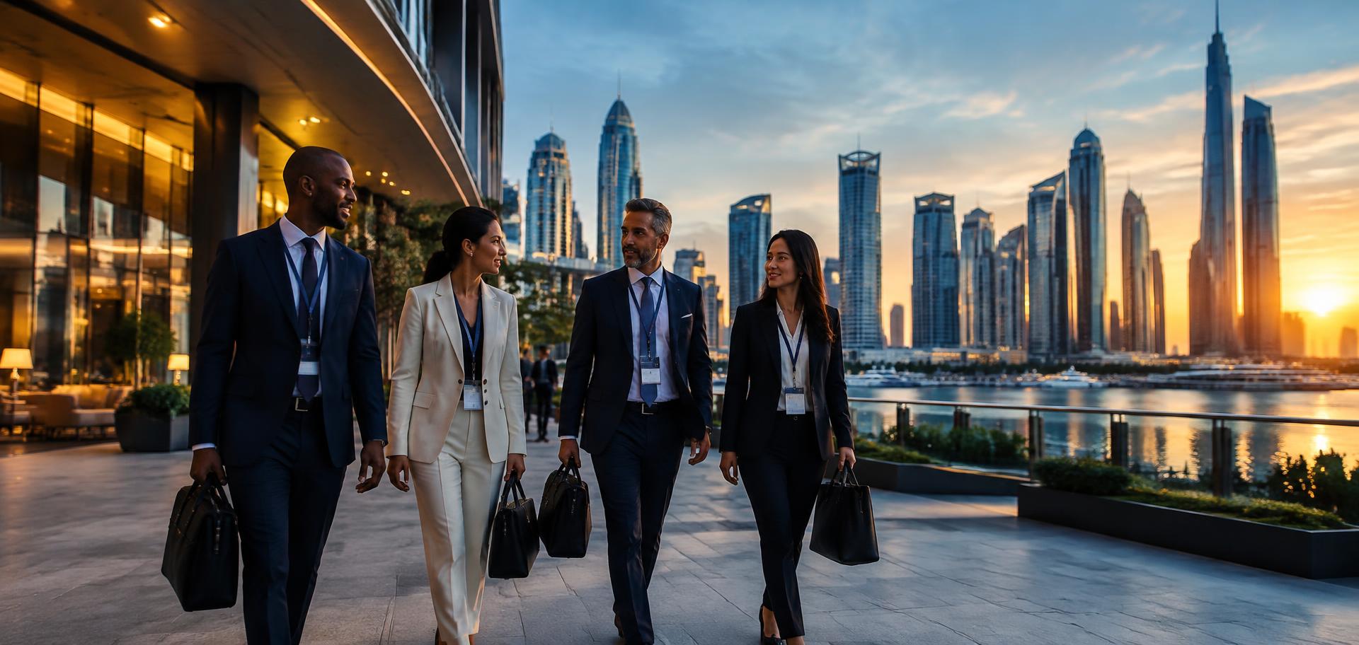 International executives walking through a premium corporate destination